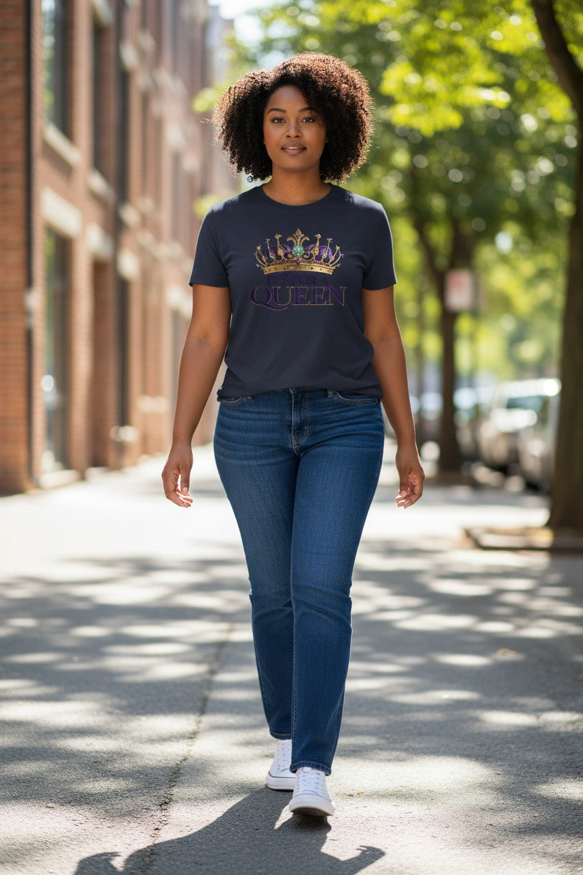 Woman walking on a sidewalk wearing a dark t-shirt with a graphic design and blue jeans.