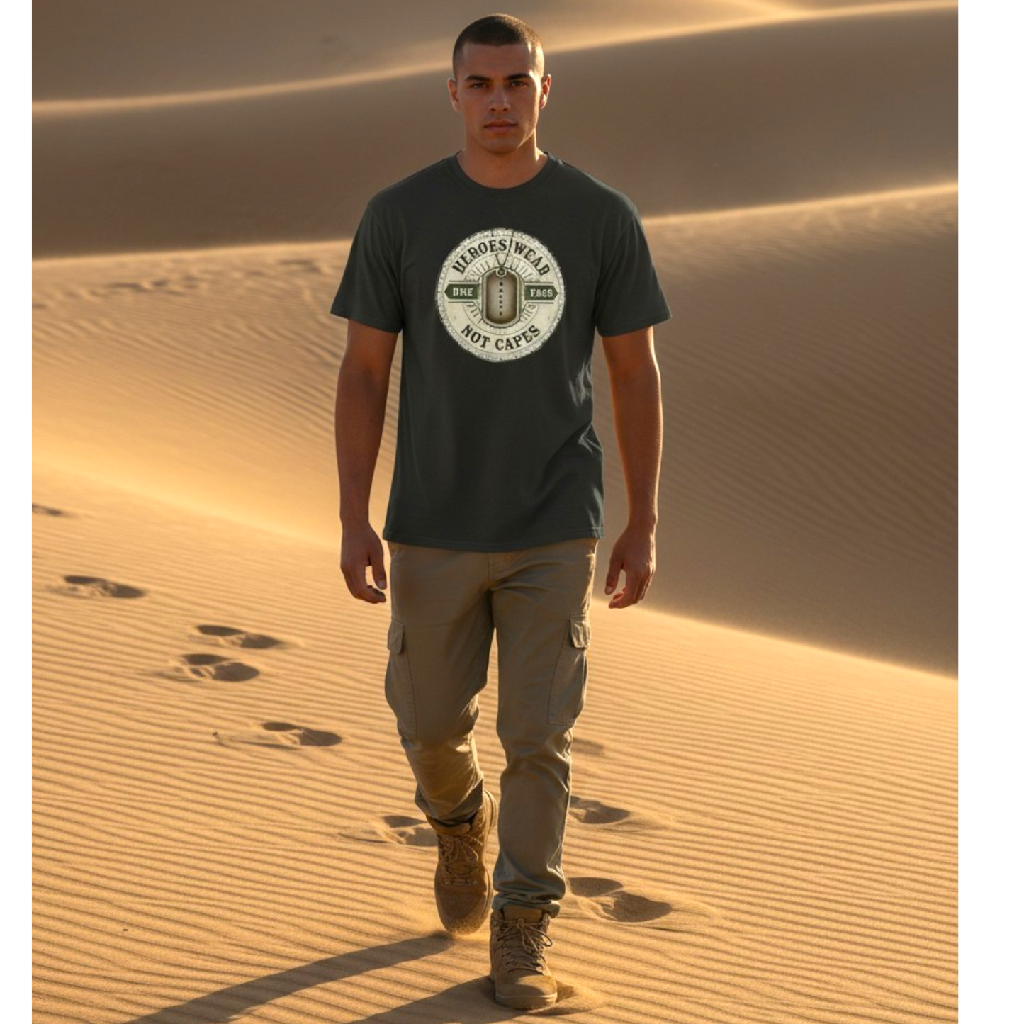 Man walking in the desert wearing a t-shirt with a logo and text.