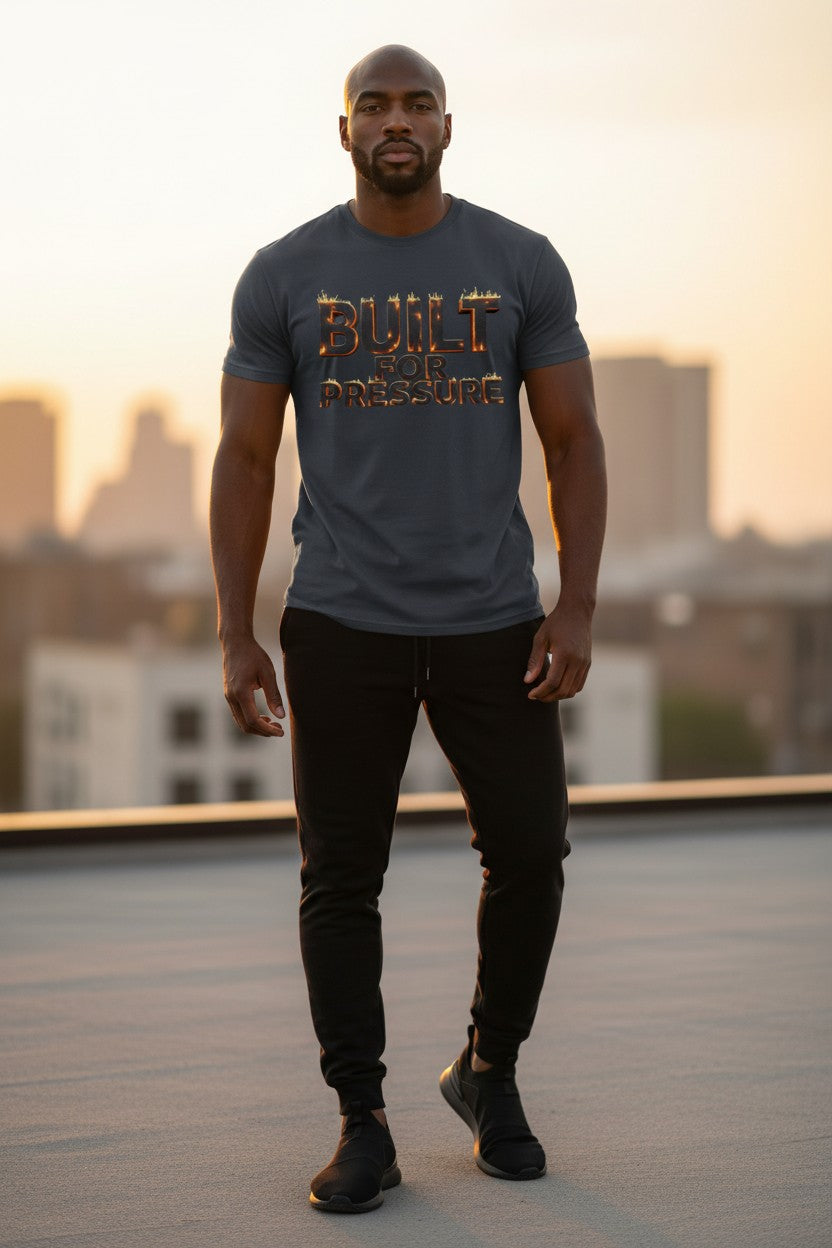 Man wearing a gray t-shirt with 'Built for Pressure' text, standing on a rooftop with a cityscape background.