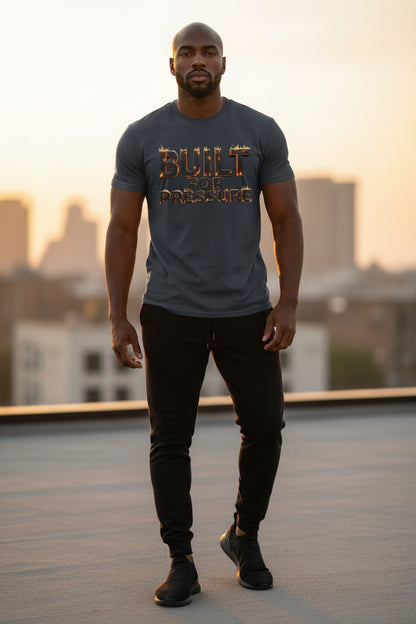 Man wearing a gray t-shirt with 'Built for Pressure' text, standing on a rooftop with a cityscape background.