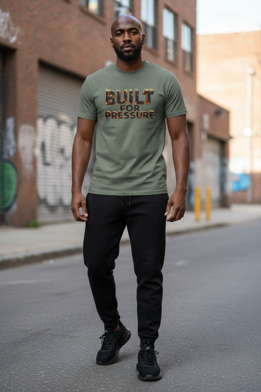 Man wearing a green t-shirt with 'Built for Pressure' text on a street.