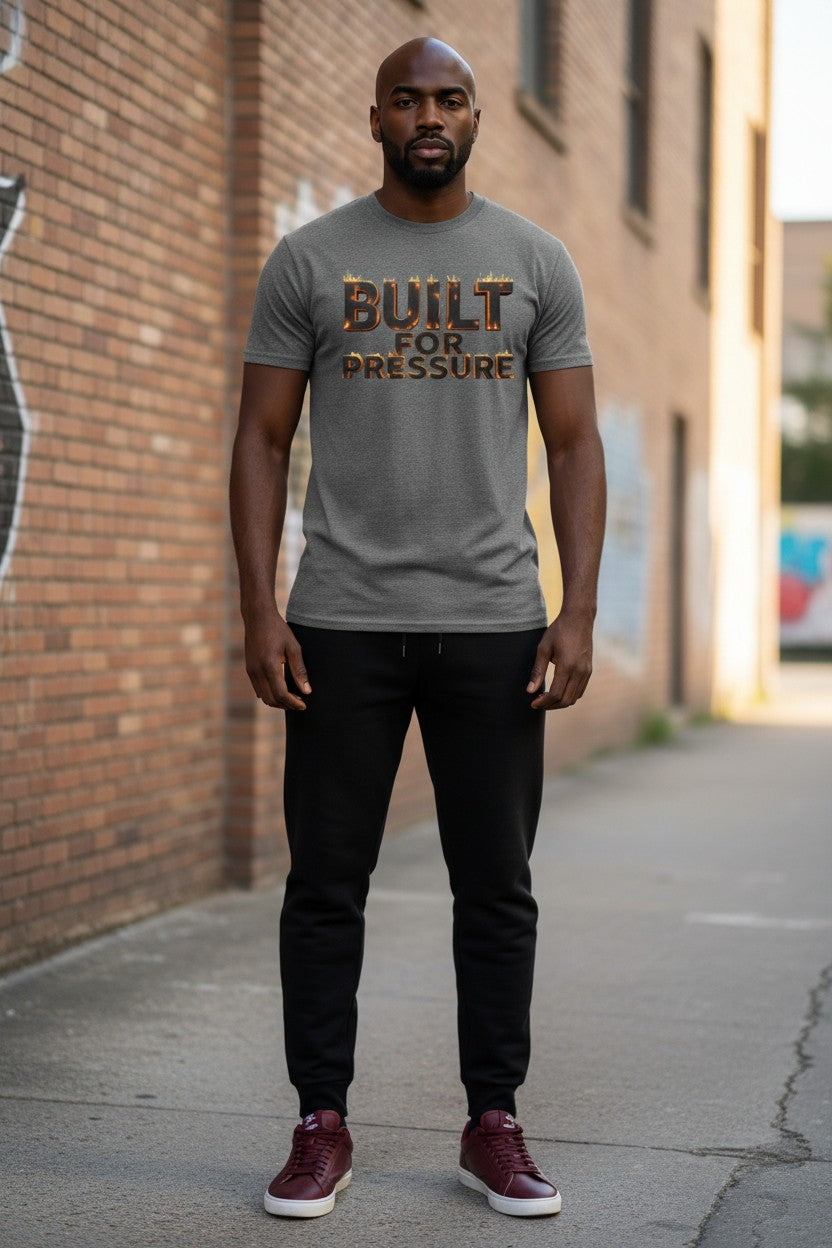 Man wearing a gray t-shirt with 'Built for Pressure' text against a brick wall.