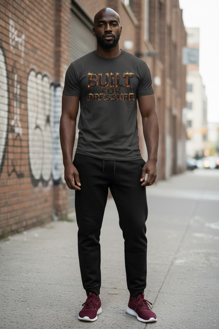 Man wearing a gray t-shirt with 'BUILT FORTNITE' text, standing on a street with graffiti.