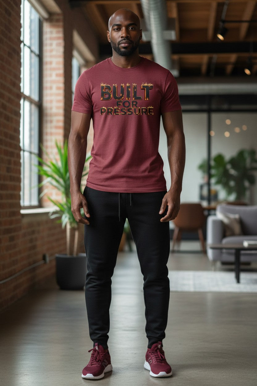 Man wearing a maroon t-shirt with 'Built for Pressure' text in an indoor setting.