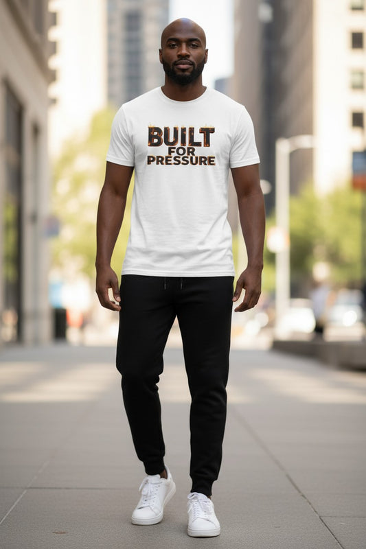 Man wearing a white t-shirt with 'BUILT FOR PRESSURE' text on a city street.
