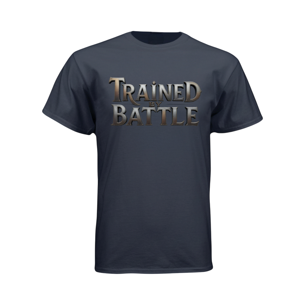 Black t-shirt with 'Trained by Battle' text on a white background
