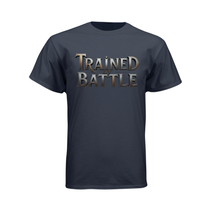 Black t-shirt with 'Trained by Battle' text on a white background