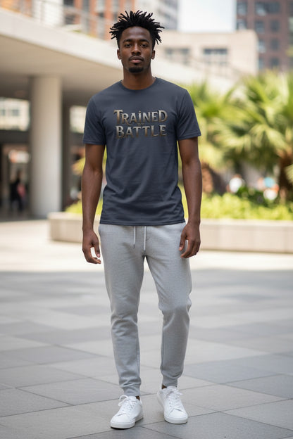 Man wearing a dark gray t-shirt with text, light gray pants, and white sneakers in an outdoor setting.