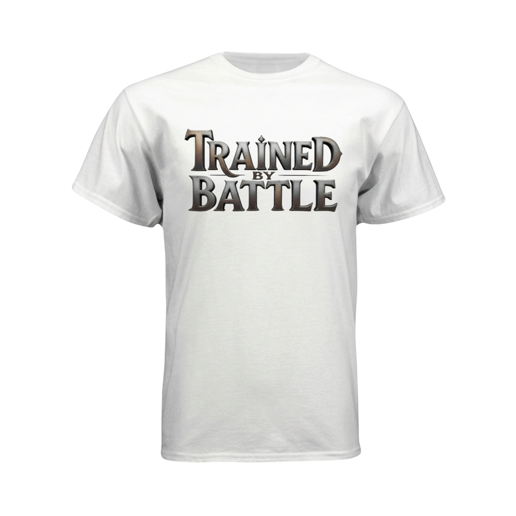 White t-shirt with 'Trained by Battle' text on a white background