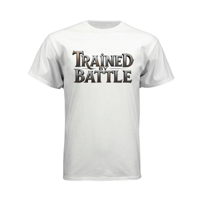 White t-shirt with 'Trained by Battle' text on a white background