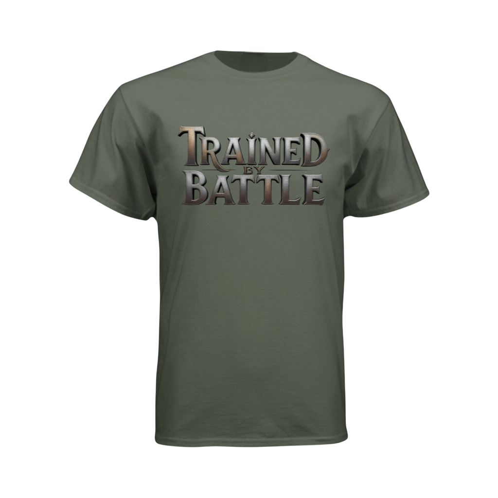 Green t-shirt with 'Trained by Battle' text on a white background