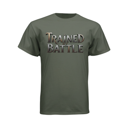 Green t-shirt with 'Trained by Battle' text on a white background