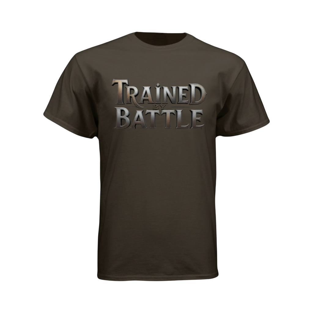 Brown t-shirt with 'Trained for Battle' text on a white background