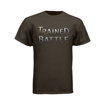 Brown t-shirt with 'Trained for Battle' text on a white background