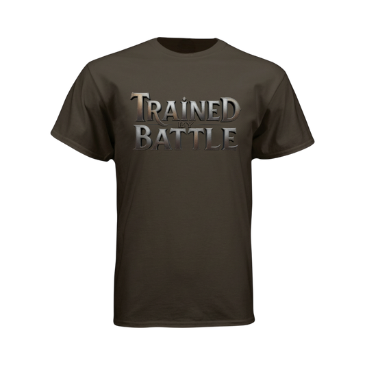 Brown t-shirt with 'Trained for Battle' text on a white background