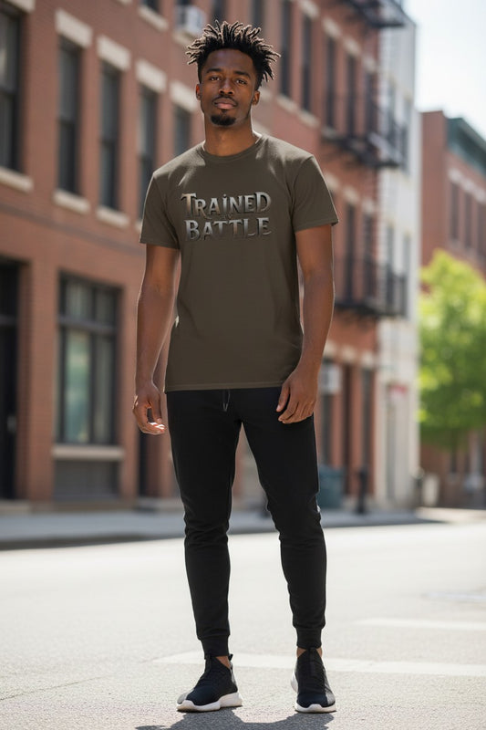 Man wearing a green t-shirt with text standing on a city street.