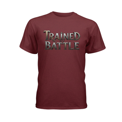Maroon t-shirt with 'Trained by Battle' text on a white background