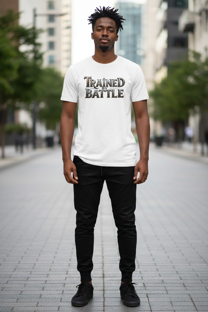Person wearing a white t-shirt with 'Trained in Battle' text on a city street.