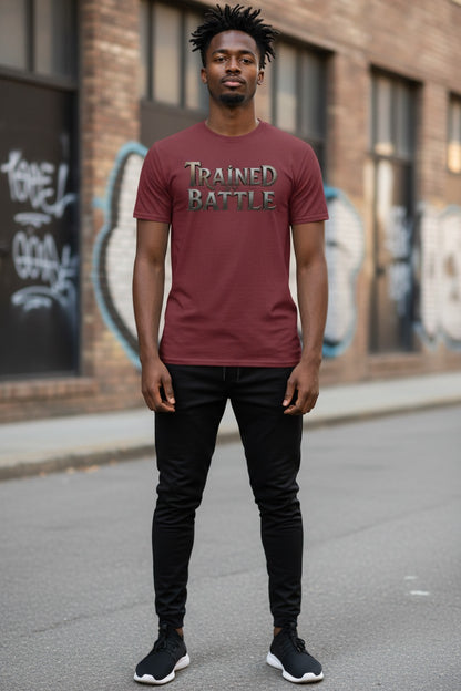 Man wearing a maroon t-shirt with 'Trained Battle' text in an urban setting