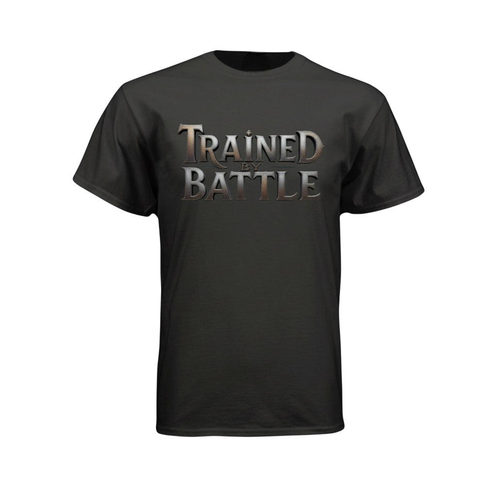 Black t-shirt with 'Trained by Battle' text on a white background