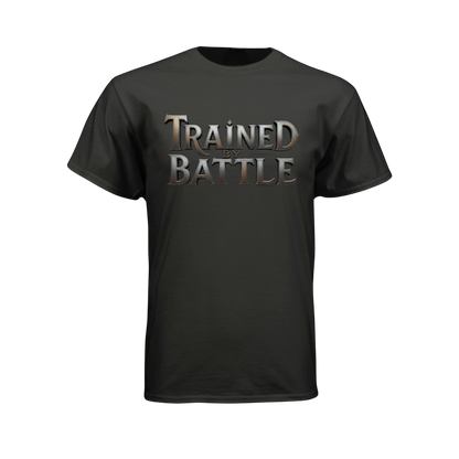 Black t-shirt with 'Trained by Battle' text on a white background