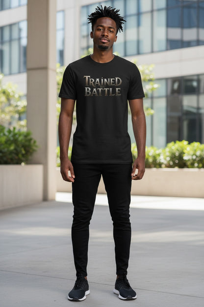 Man wearing a black t-shirt with 'Trained Battle' text in an urban setting