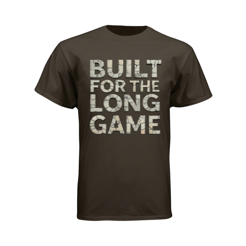 Brown t-shirt with 'Built for the Long Game' text on a white background