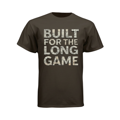 Brown t-shirt with 'Built for the Long Game' text on a white background
