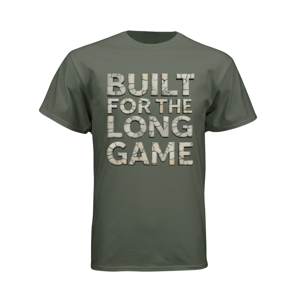 Green t-shirt with 'Built for the Long Game' text on a white background