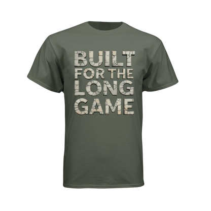 Green t-shirt with 'Built for the Long Game' text on a white background