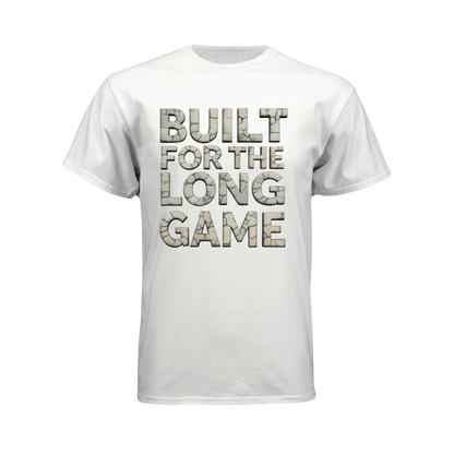 White t-shirt with 'BUILT FOR THE LONG GAME' text on a white background