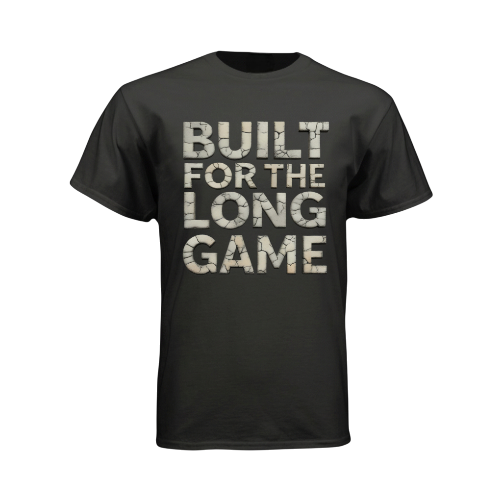 Black t-shirt with 'Built for the Long Game' text on a white background