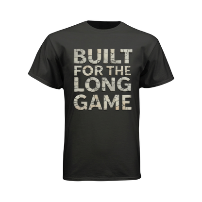 Black t-shirt with 'Built for the Long Game' text on a white background