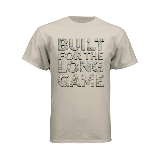 Beige t-shirt with 'Built for the Long Game' text on a white background