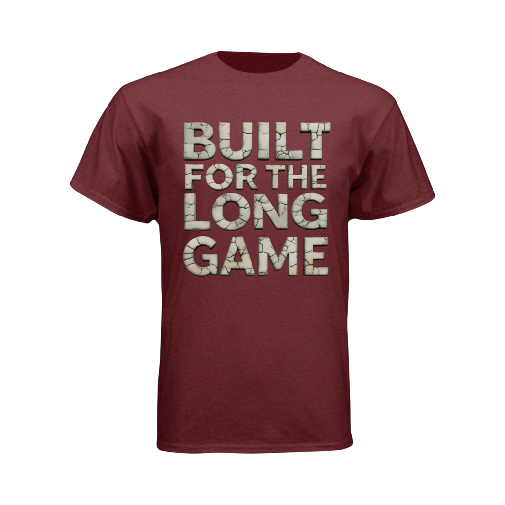 Maroon t-shirt with 'Built for the Long Game' text on a white background