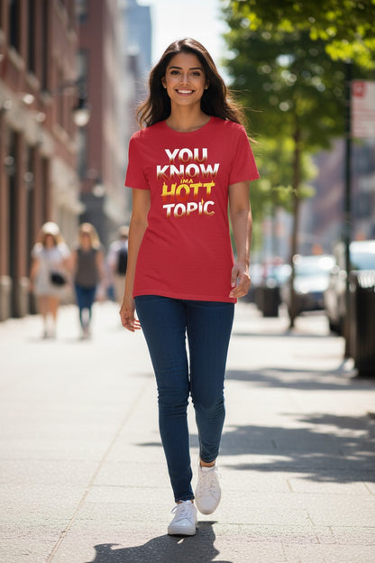 Woman wearing a red t-shirt with text on a city street