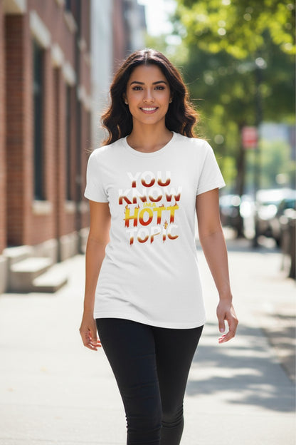 Woman wearing a white t-shirt with text on a city street