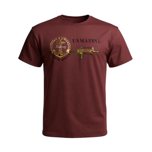 Maroon t-shirt with US Marine Corps logo and rifle graphic on a white background