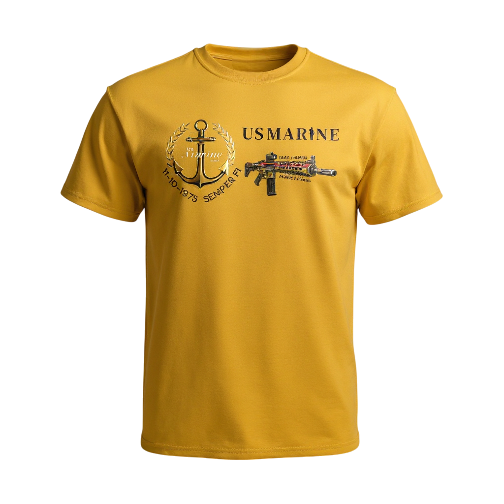 Yellow t-shirt with US Marine Corps logo and rifle graphic on a white background