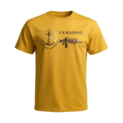 Yellow t-shirt with US Marine Corps logo and rifle graphic on a white background