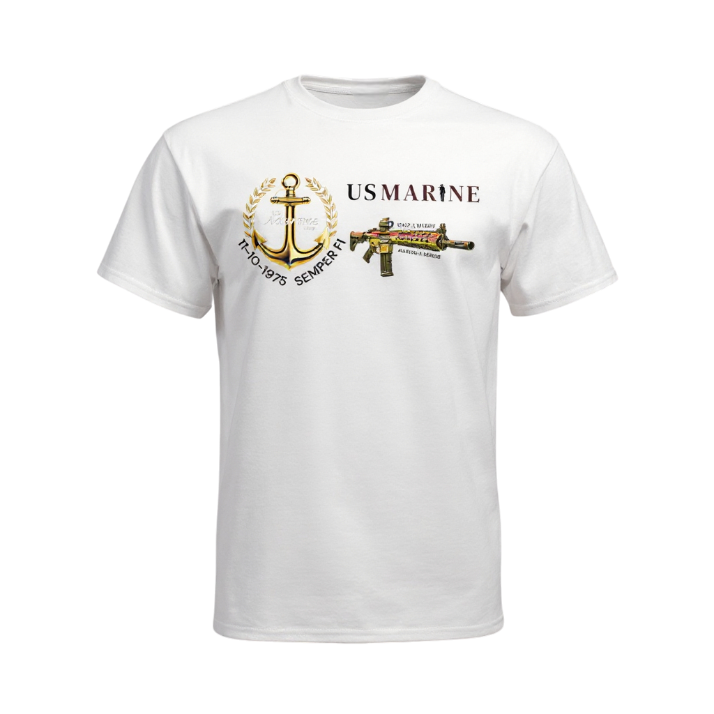 White t-shirt with US Marine Corps logo and text on a white background