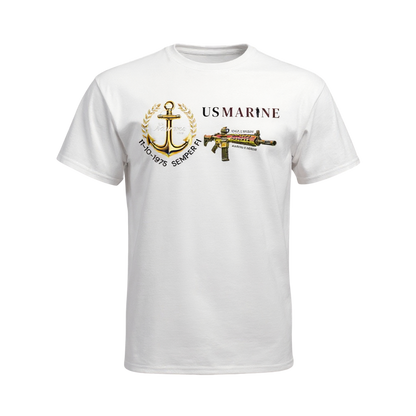 White t-shirt with US Marine Corps logo and text on a white background