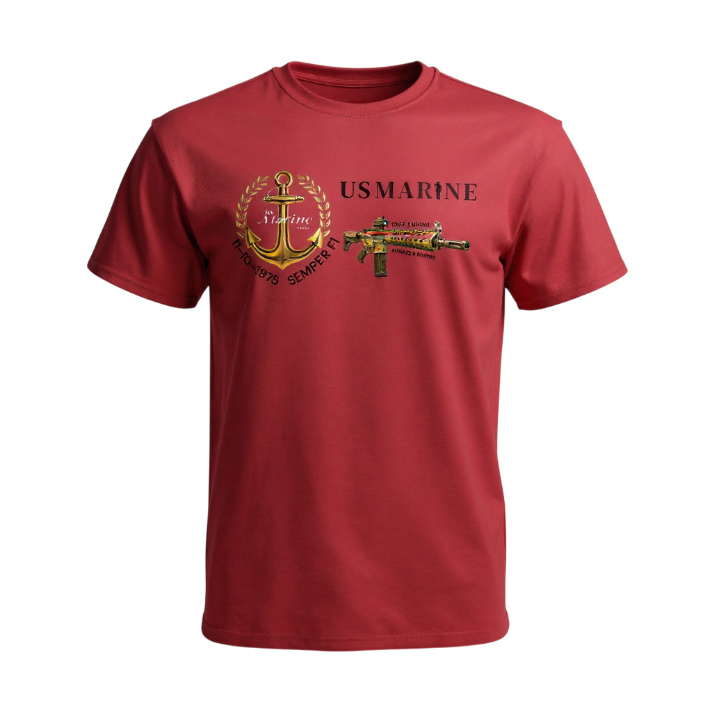 Red t-shirt with US Marine Corps logo and text on a white background