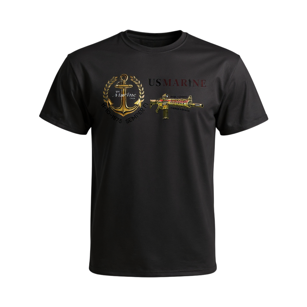 Black t-shirt with US Marine Corps logo and rifle graphic on a white background