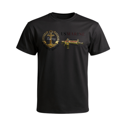 Black t-shirt with US Marine Corps logo and rifle graphic on a white background