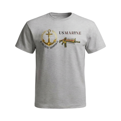 Gray t-shirt with US Marine Corps logo and rifle graphic on a white background