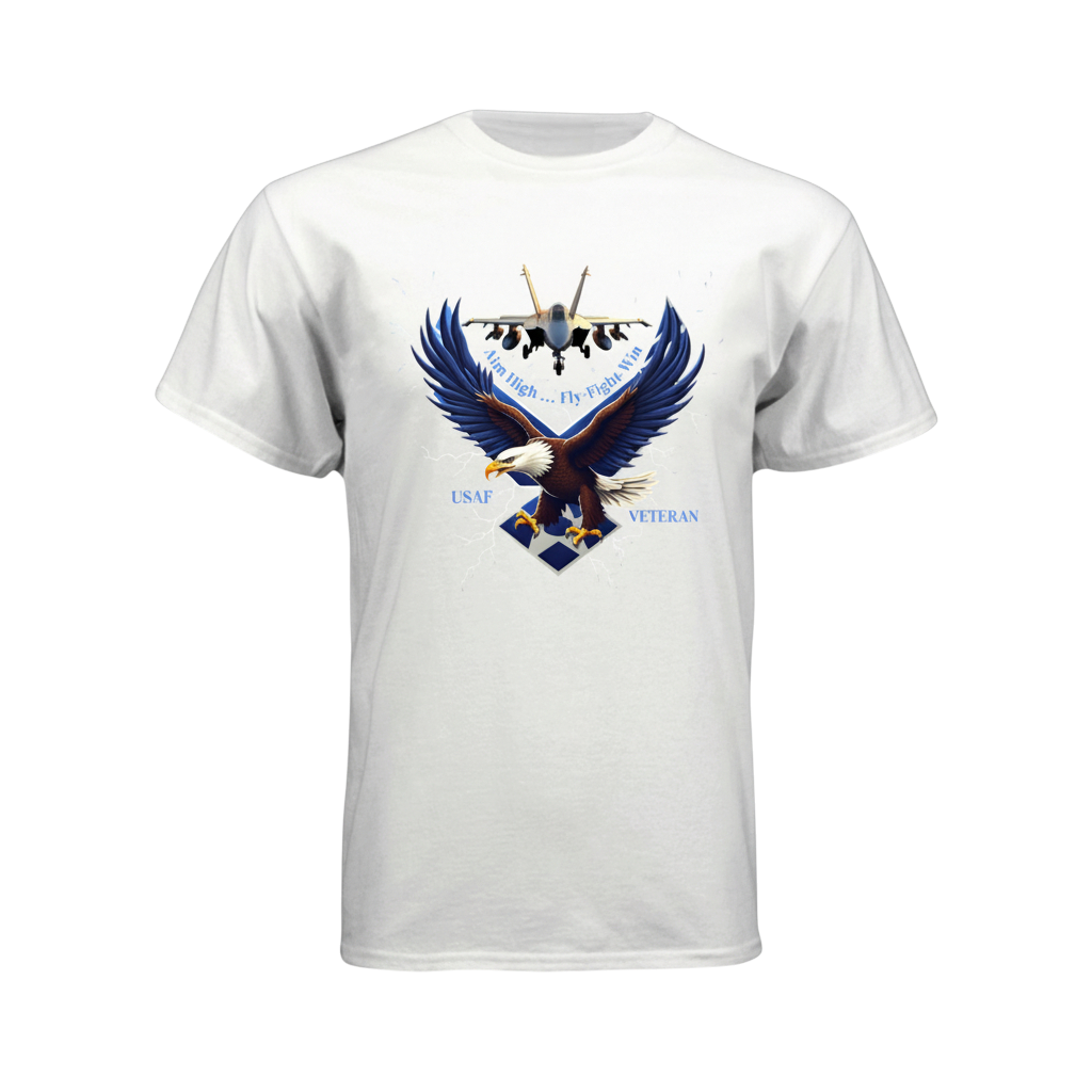 White t-shirt with an eagle graphic and text on a white background