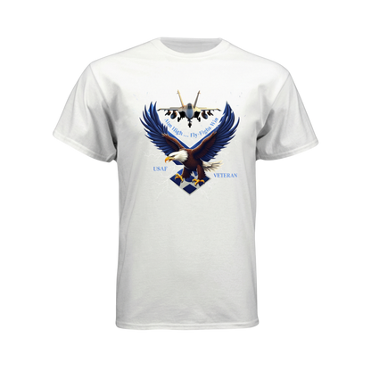 White t-shirt with an eagle graphic and text on a white background