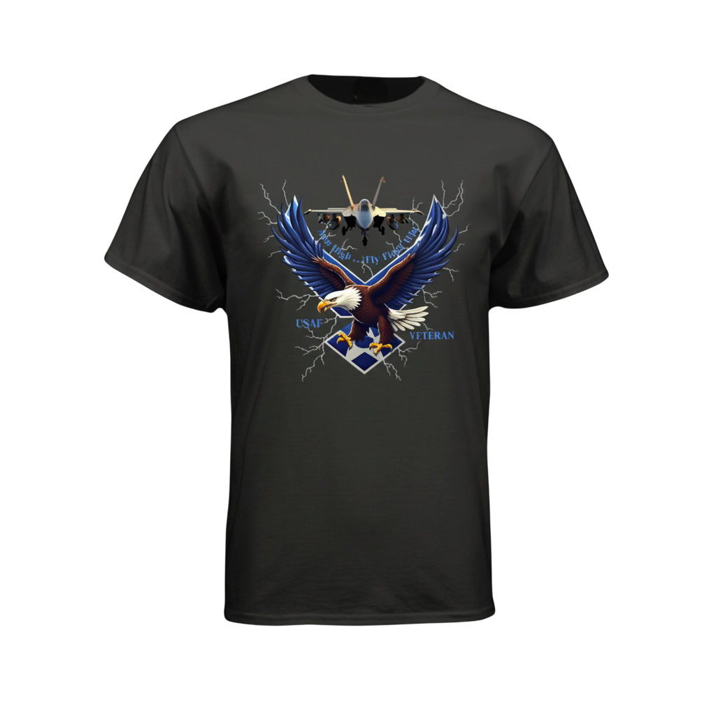 Black t-shirt with an eagle and airplane graphic on a white background