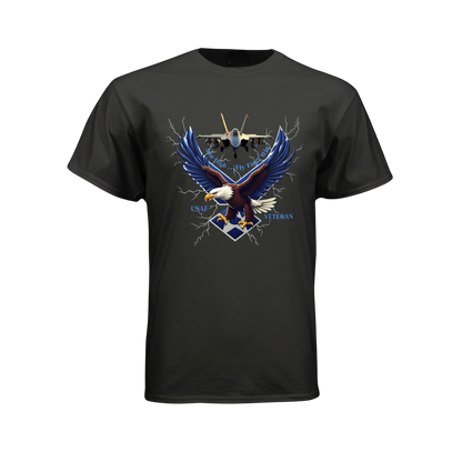 Black t-shirt with an eagle and airplane graphic on a white background